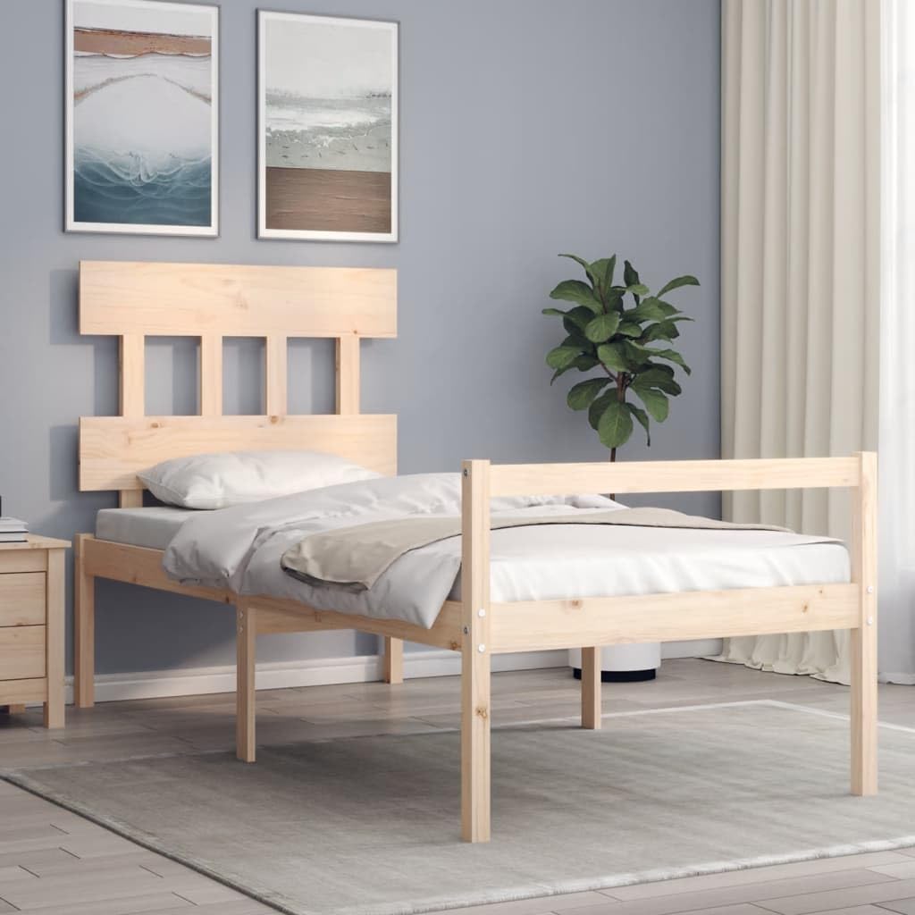 Massivholz Kiefernholz Seniorengerecht 45cm Sitzhöhe 90 x 190 cm Braun | Seniorenbett mit Kopfteil Massivholz Kiefernholz 90x190cm 45cm Sitzhöhe Bettgestell mit Stauraum und Lattenrost