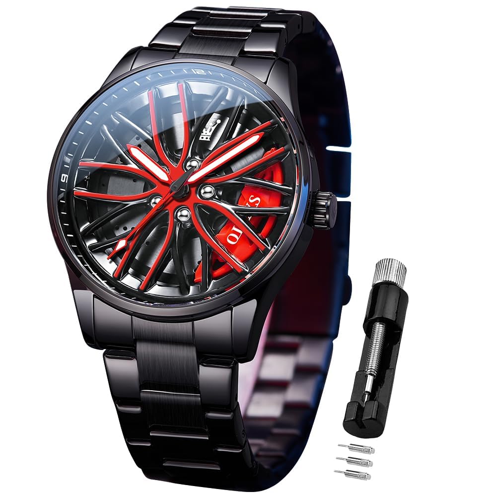 OLEVS Herrenuhren Drehende Auto-Rad Quarzuhren Modischer Sport Edelstahl Herrenarmbanduhr Leuchtend Wasserdicht für Männer