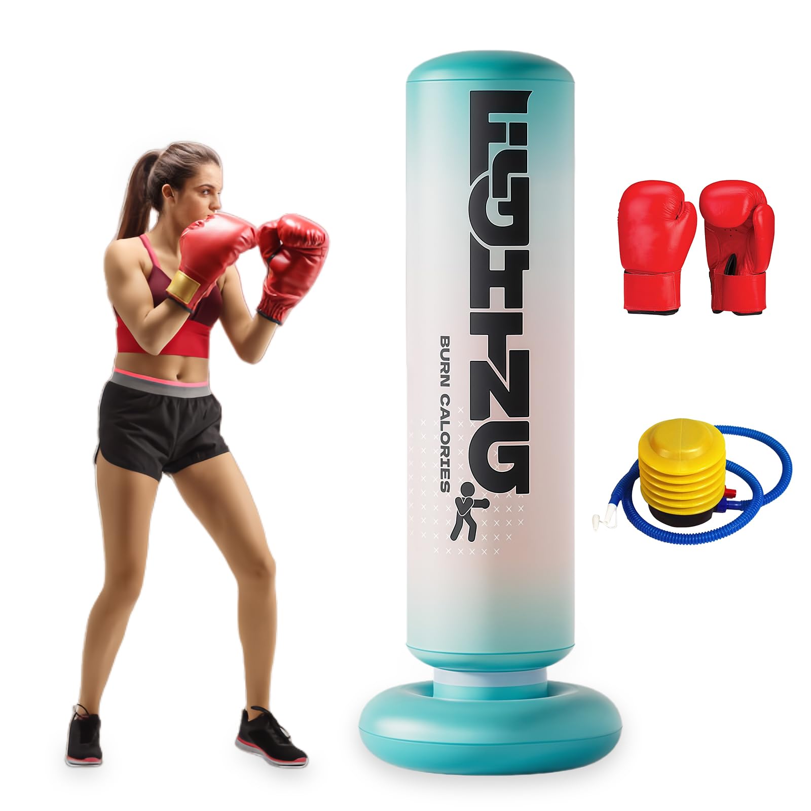 Sacco da boxe gonfiabile da 180 cm, con base non cadente, con guantoni da boxe, pompa UNE, per allenamento di pugilato di adolescenti e adulti, aiuta ad alleviare lo stress