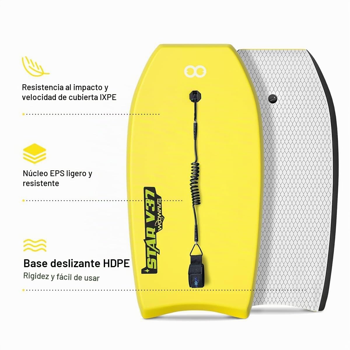 Bodyboard de 83.8 cm/94.0 cm/106.7 cm IXPE Premium con correa de muñeca en espiral, núcleo de EPS súper ligero y parte inferior lisa de HDPE, perfecto para niños y adultos (amarillo, 42