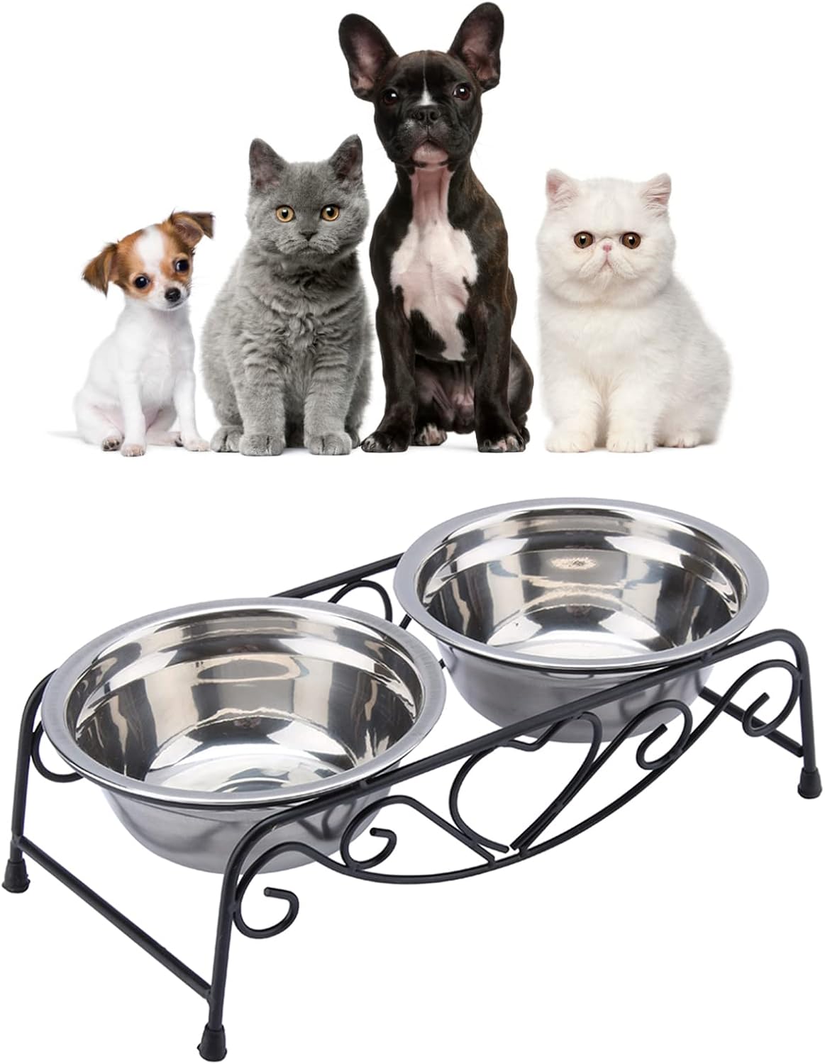 Yosoo Stainless Steel Dog & Cat Feeder with Stand, Black 2-Piece Set, Durable Non-Tipping Design, BPA Free, Adjustable Height, Quick Clean for Small & Medium Pets