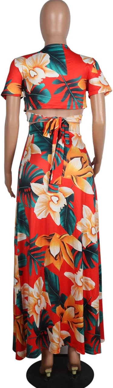 WOKANSE Women's Sexy 2 Piece Outfits Summer Beach Boho Floral Dress V Neck Crop Tops and High Split Maxi Skirt Sets - Image 6