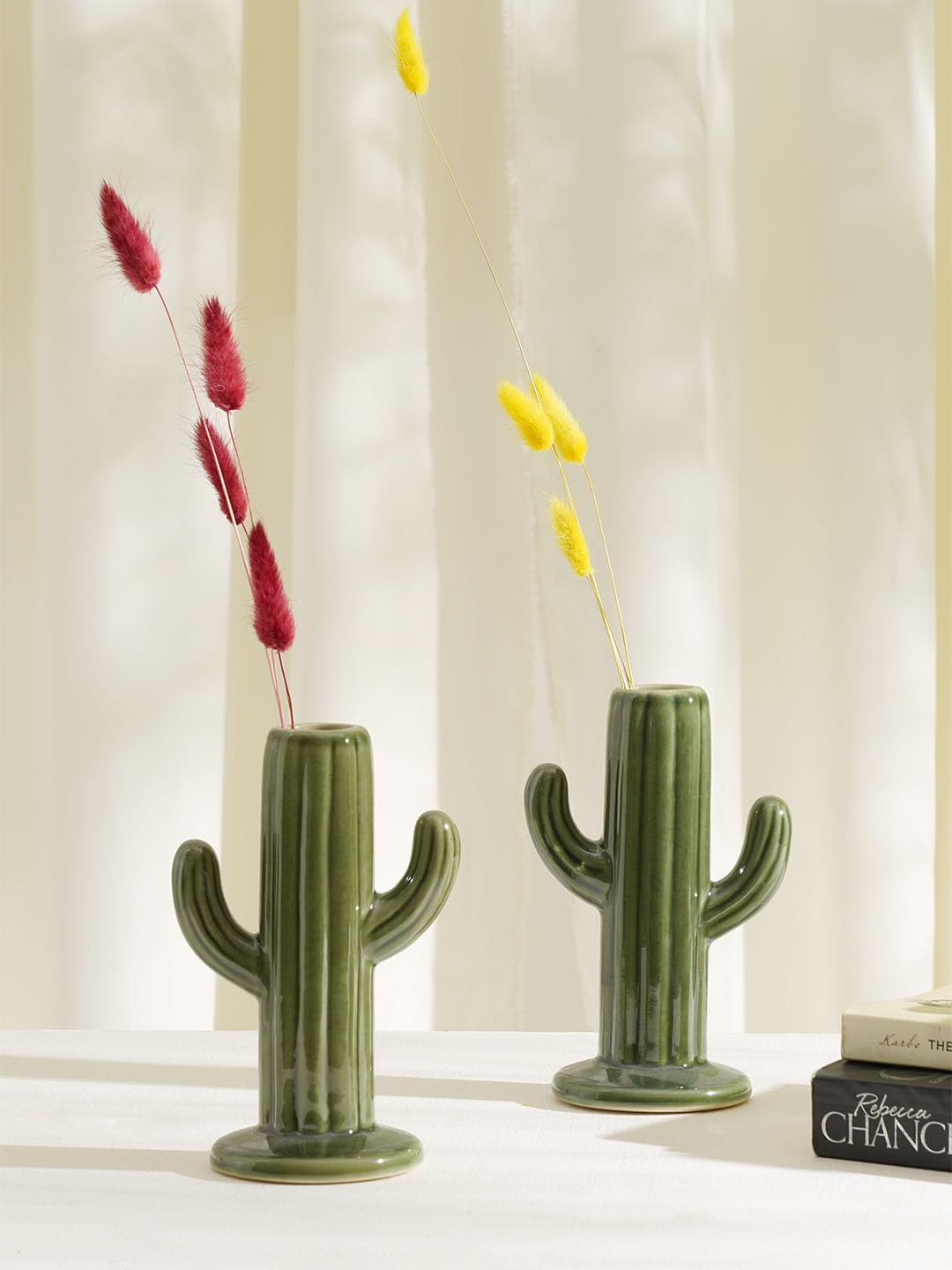 Purezento Ceramic Cactus Vase | Decor Showpiece Perfect for Home and Office or Living Room| Bottle Shape Flower Vase| Centre Showpiece| Flower Vase | Set of 2 |-image-12