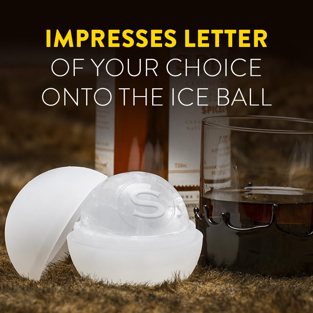 Pack of 2 Monogram Whiskey Ice Ball Maker Mold - Premium Silicone Sphere Mold A to Z letter Engraved - Ideal for Crafting Old Fashioned Cocktails – Easy Release & No Leak Design - ‘S’ letter