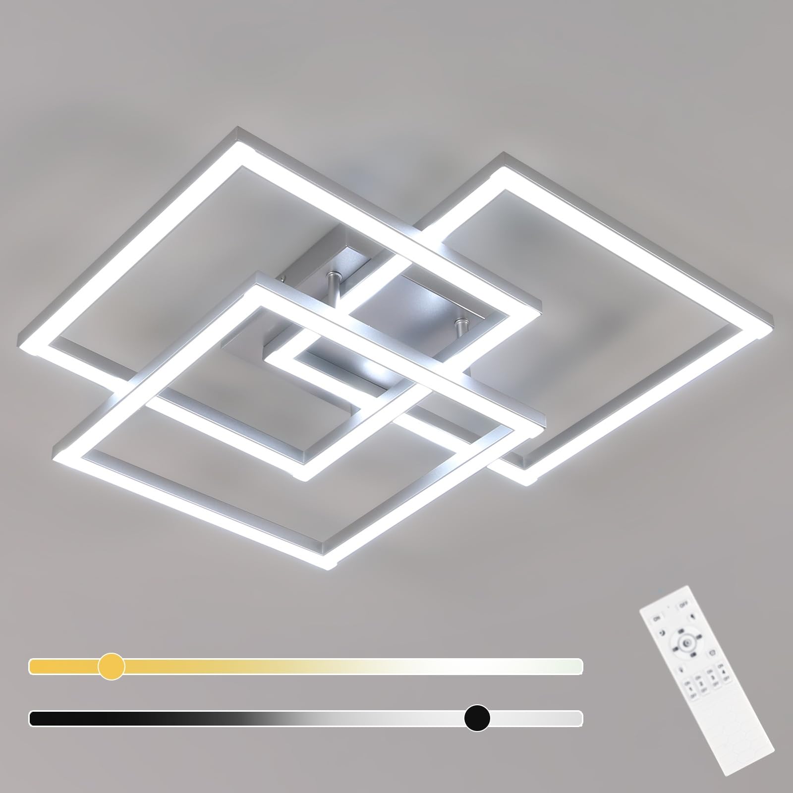 DELIPOP Plafoniera LED Soffitto Dimmerabile 3000K-6500K, Lampadario Camera da Letto Moderno 40W 4500LM, Lampada da Soffitto Argenteo Quadrata per Soggiorno, Camera da Letto, Sala da Pranzo