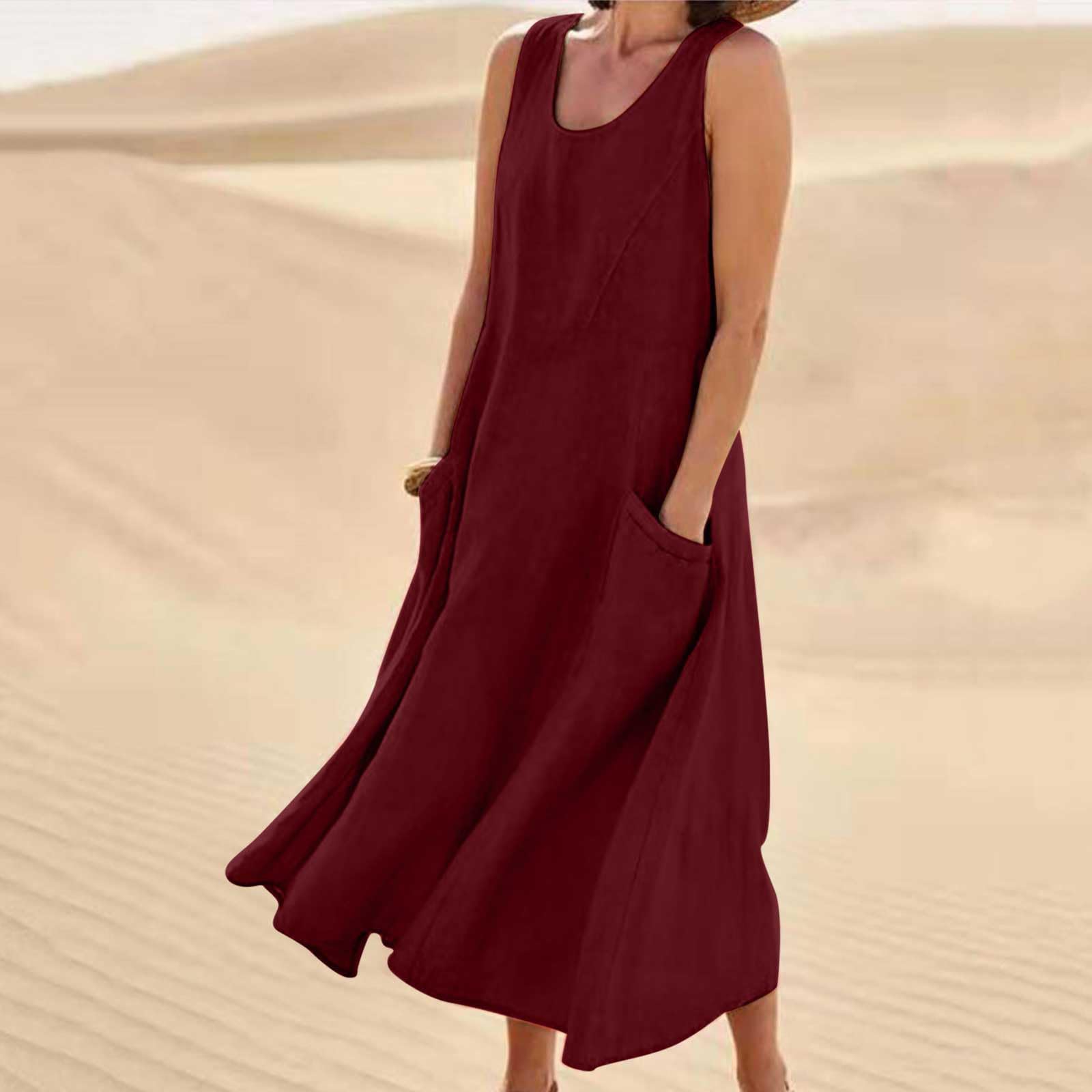 Women's Summer Linen Long Dress Casual Sleeveless Elegant Flowy Tank Dresses Plus Size Loose Sundress with Pockets(Wine,Medium)
