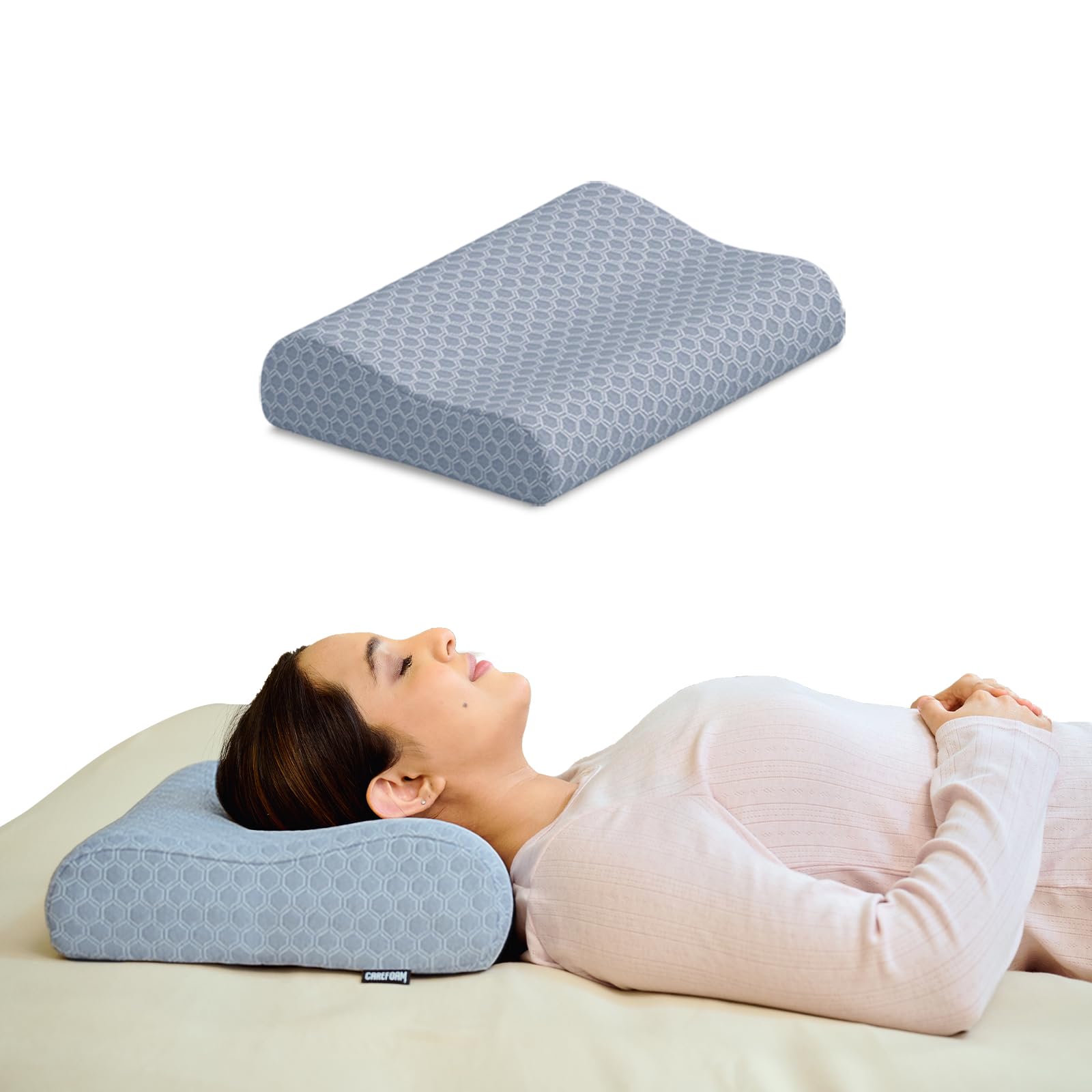 CareFoam Memory Foam Cervical Neck Pillow | 2 Years Warranty | Pain Relief Sleep, Improves Posture Spinal Alignment, Neck Pain Relief | Queen 19 x 11 x 3.5 Inch | Grey Jacquard Cover | Pack of 1