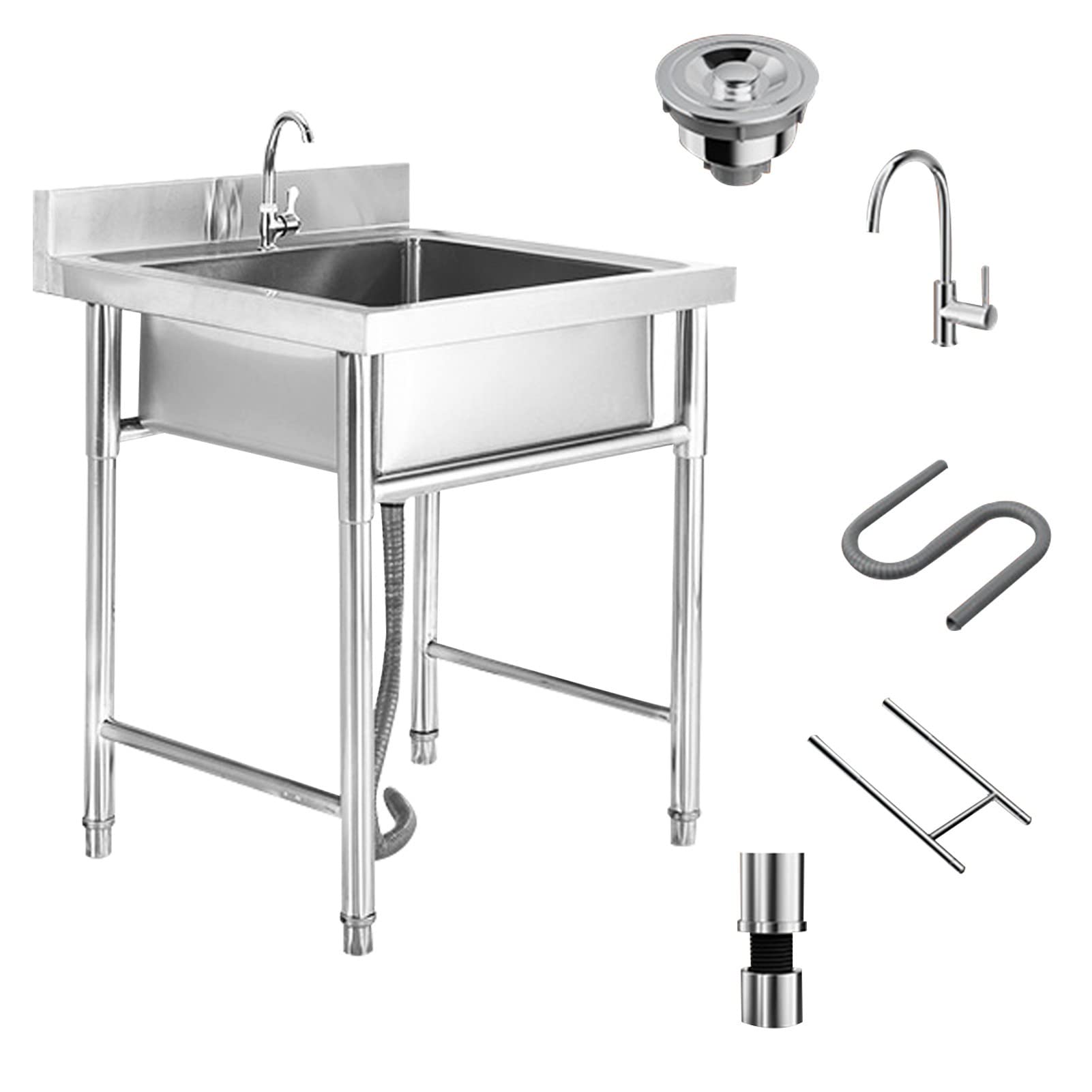 TAXXII Stainless Steel Kitchen Sink Single Bowl Utility with Faucet and Drainage Pipe Indoor Outdoor Freestanding Commercial Restaurant