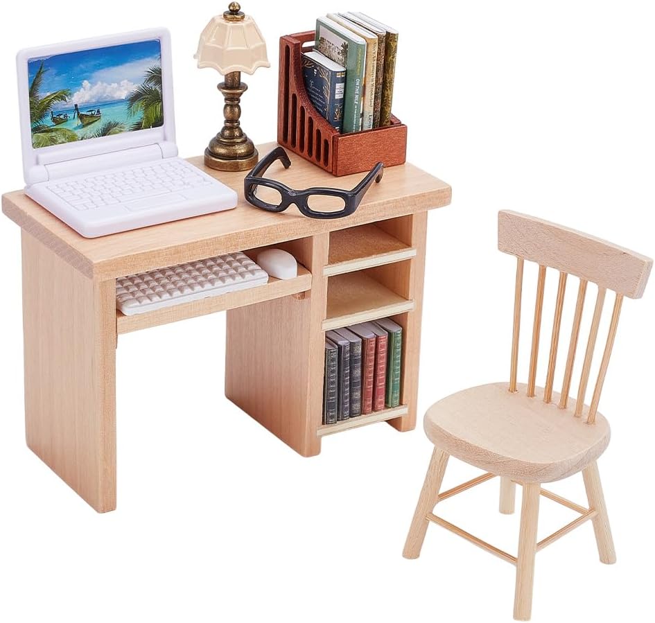FREEBLOSS 18Pcs Miniature Dollhouse Furniture Set Dollhouse Table Chair Set with Mini Books Laptop Bookcase and Lamp Doll House Furniture and Accessories Set