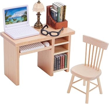 FREEBLOSS 18Pcs Miniature Dollhouse Furniture Set Dollhouse Table Chair Set with Mini Books Laptop Bookcase and Lamp Doll House Furniture and Accessories Set