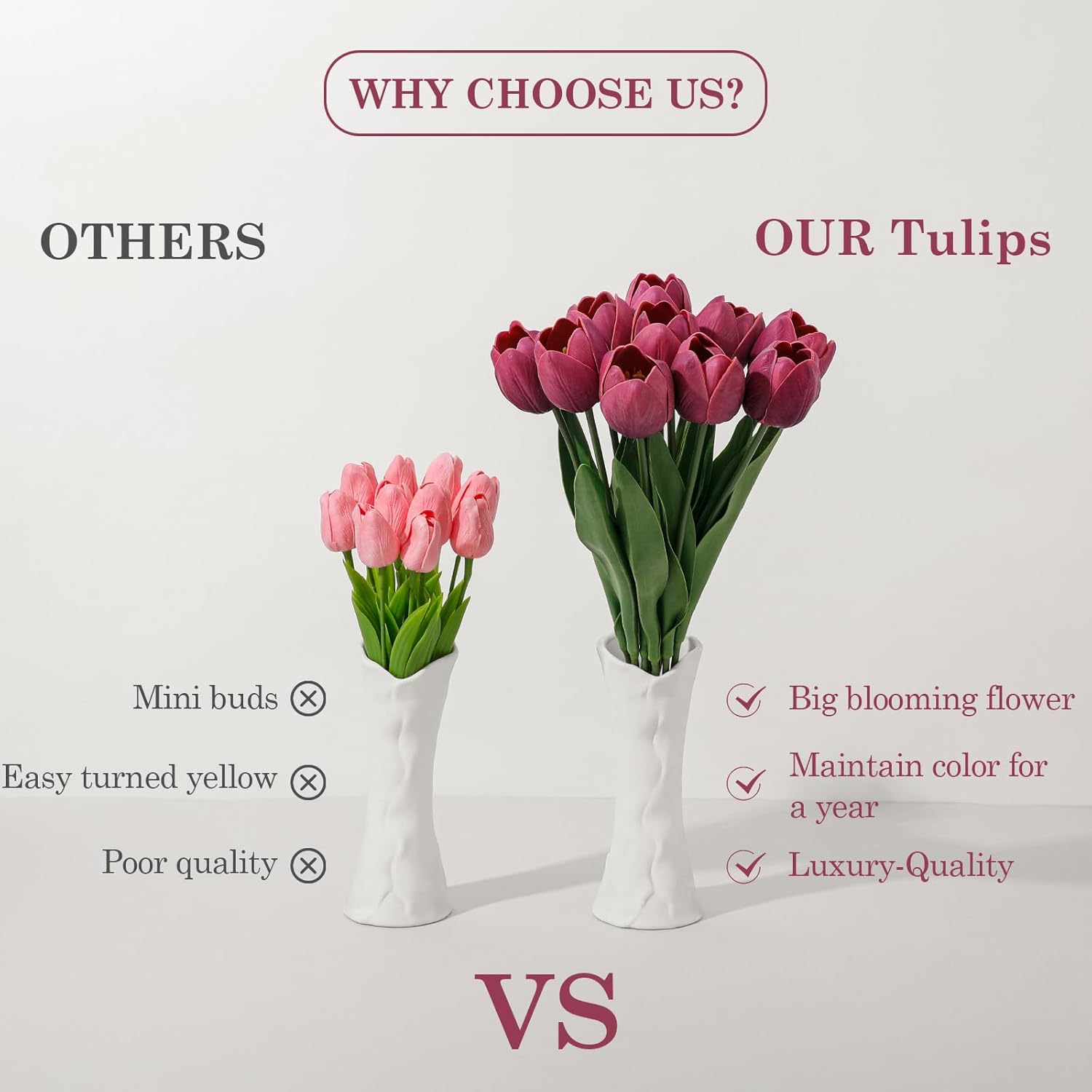 Deep Red Fake Tulips,18.5" PU Artificial Tulips Flowers for Spring Easter Home Kitchen Wedding Bouquet Bulk Mother's Gift Day Decorations
