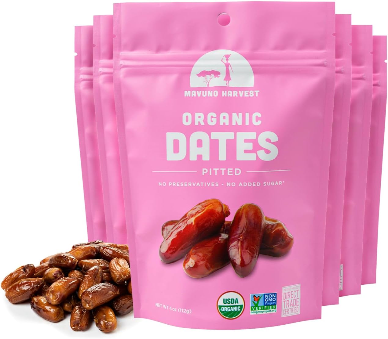 Mavuno Harvest Pitted Dates Dried Fruit Snacks | Organic Dried Dates | Healthy Snacks for Kids and Adults| Deglet Noor Dates | No Sugar Added, Vegan, Non GMO | Resealable 4 Ounce Bags, Pack of 6