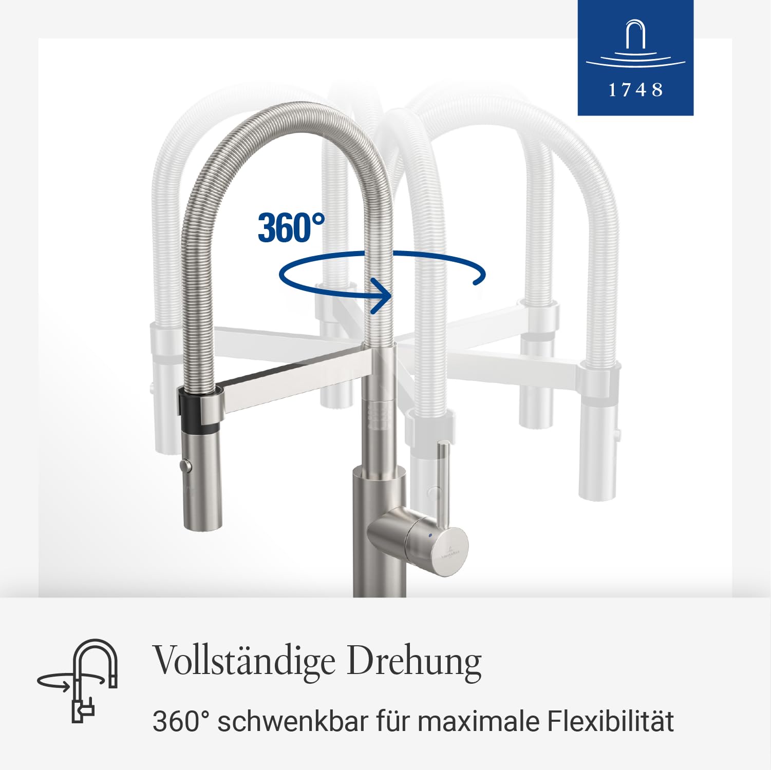 Villeroy & Boch Steel Expert Compact Küchenarmatur, Höhe 143 mm – Edelstahl | Umschaltfunktion, 360° schwenkbarer Auslauf mit Spiralfeder, Laminarstrahl, Hochdruck, 927300LC