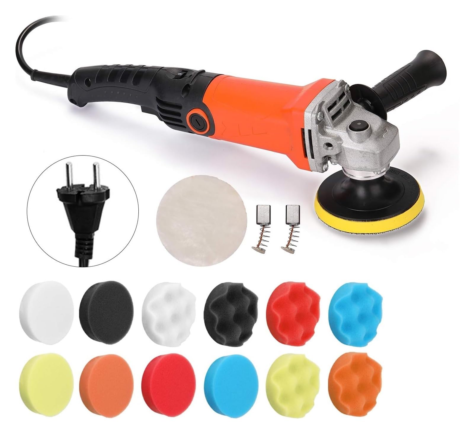 THE WHITE SHOP Adjustable Speed Car Electric Polisher Waxing Machine Automobile Furniture Polishing Tool Handle, self-adhesive disc, carbon brush 7 flat sponge balls, 7 wavy sponge balls wool balls