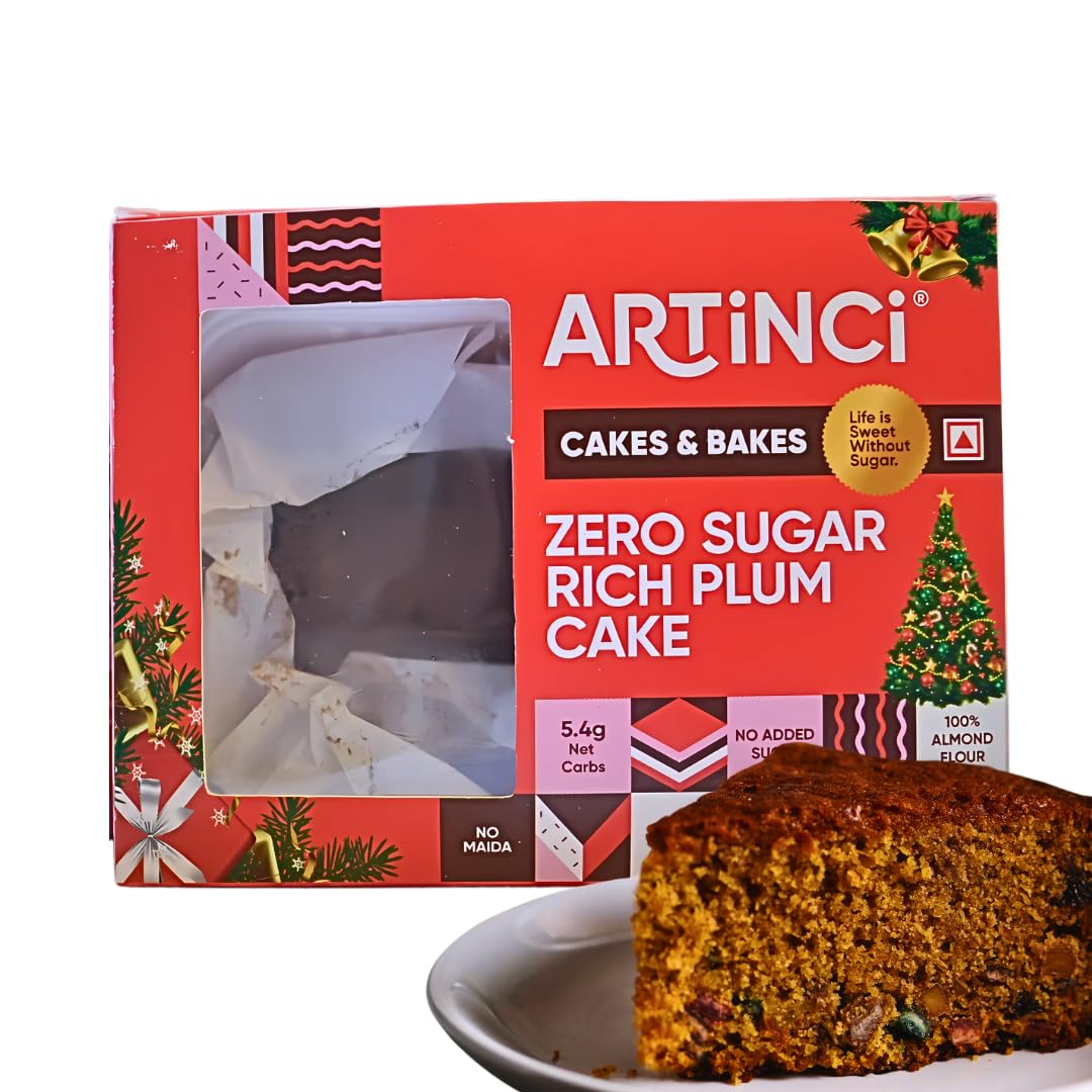 Artinci- New Year Rich Plum Cake (200g, With Egg), Sugar free, Diabetic Friendly, Keto Friendly, Gluten free, Sweetened with Stevia based certified low GI sweetener, Made with Soaked Dry fruits and Berries, Made With 100% Almond flour