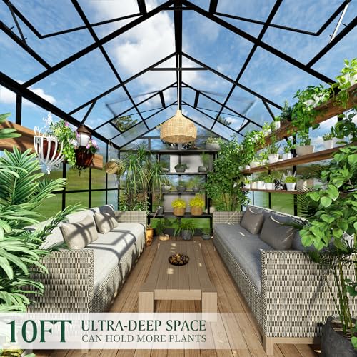 HOWE 8x10x7.5 FT Polycarbonate Greenhouse Double Swing Doors 2 Vents 5.2FT Added Wall Height, Walk-in Large Aluminum Greenhouse Winter Sunroom Greenhouse for Outdoors, Black - Thumbnail 3