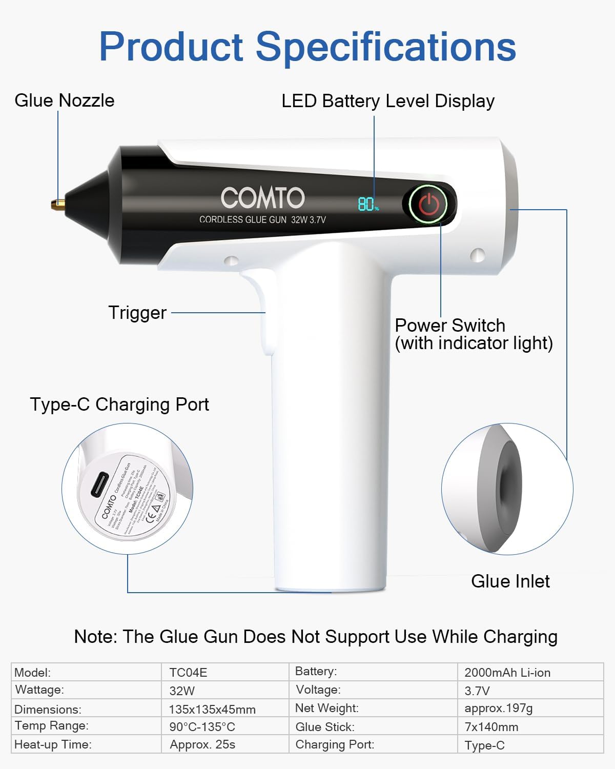 Cordless Hot Glue Gun, Auto Glue Feeding with 30 Glue Sticks