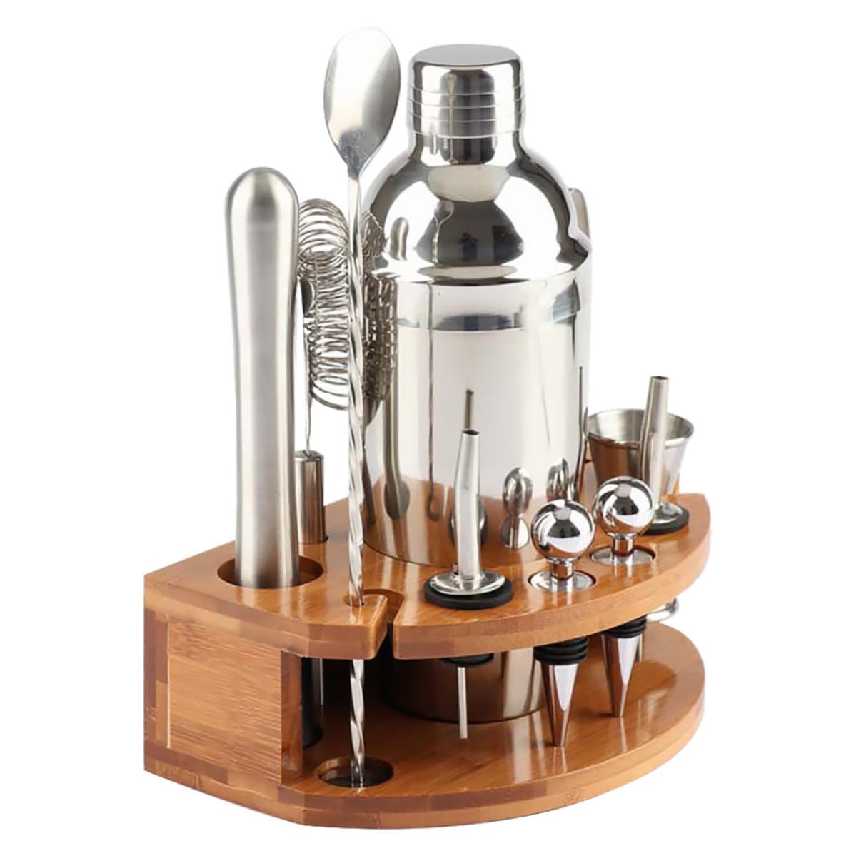 USHOBE Juego de Coctelera para Preparar Cócteles Soporte de Bambú de 12 Piezas de Acero Inoxidable en Reuniones Familiares y Banquetes