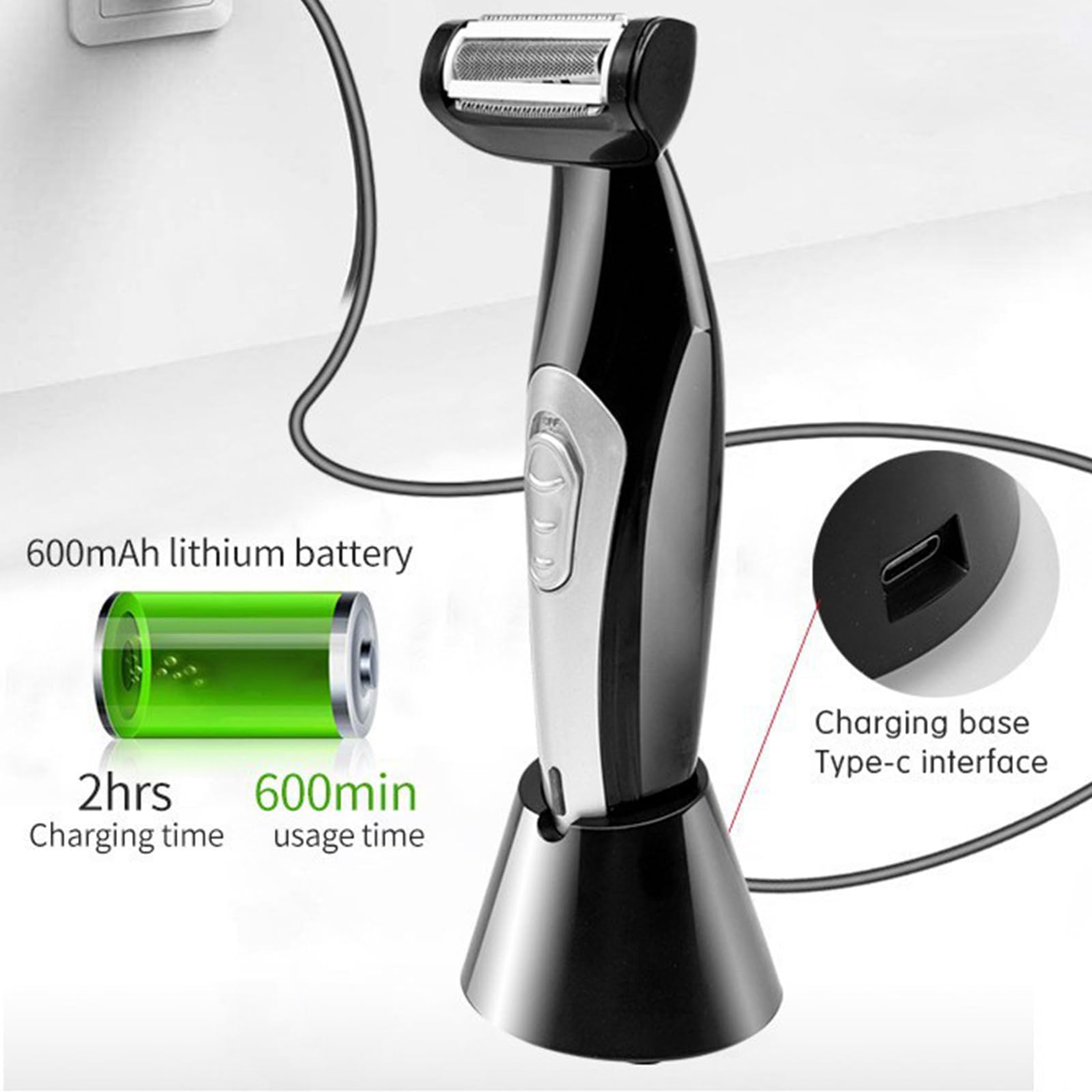 Rasoio per la schiena con manico allungabile da 46 cm | Manico impermeabile, lavabile, pieghevole, manico lungo regolabile, design portatile, alimentazione USB, facile da