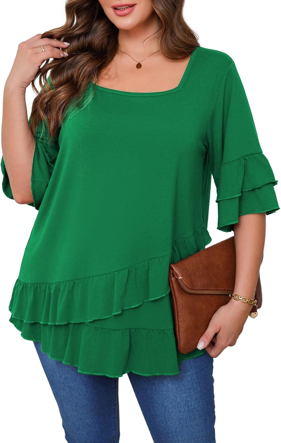 Beauhuty Womens Plus Size Tops Square Neck Tunic Double Ruffles Hem 3/4 Sleeve Shirt Casual Trendy Flow Loose Dressy Blouse
