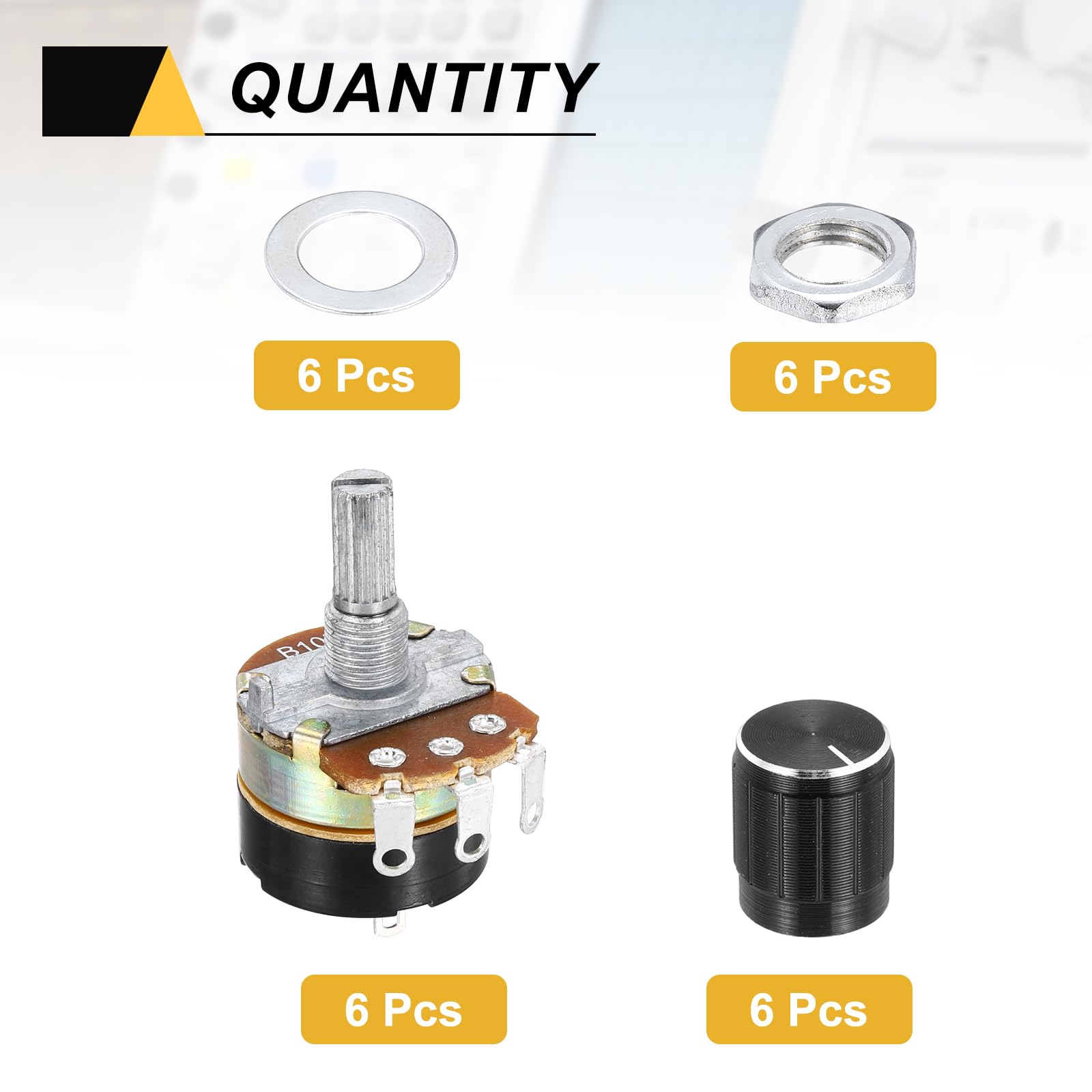 QUARKZMAN 6 sztuk WH138 Potencjometr 10K Ohm Rezystory zmienne Pojedyncze przegubowe 3 zaciski liniowe obrotowe z przyciskiem nasadki do sterowania głośnością audio