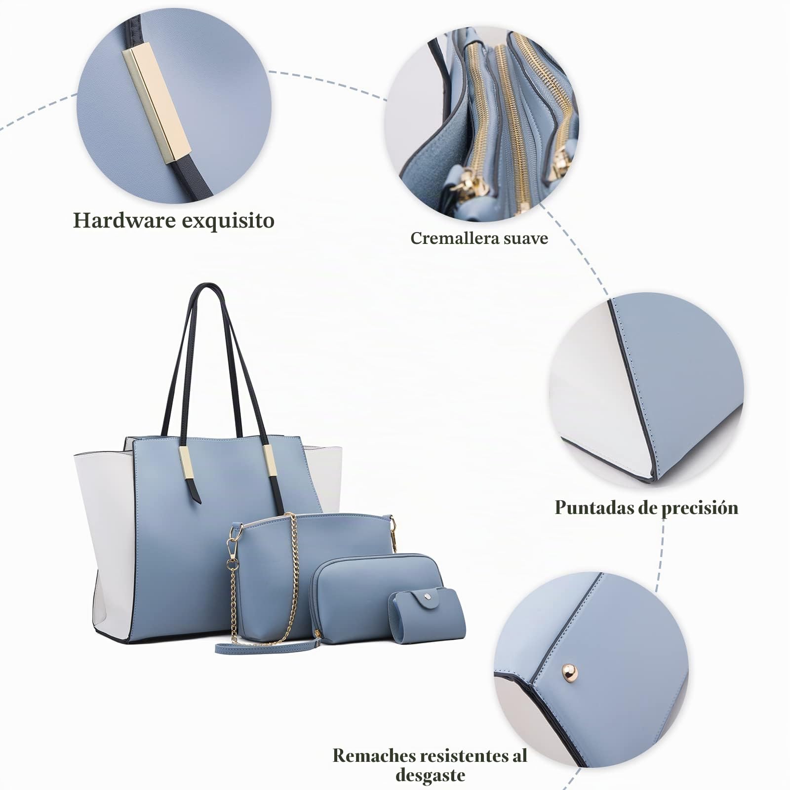 FANDARE Moda Bolsos de Mano Mujer Bolso de Mano Cartera Juego de 4 Piezas Bolso Bandolera Bolso de Hombro Cruzado Señora Tote Shopper Bolso de Mensajero Trabajo Viajar Crossbody Bag Blanco