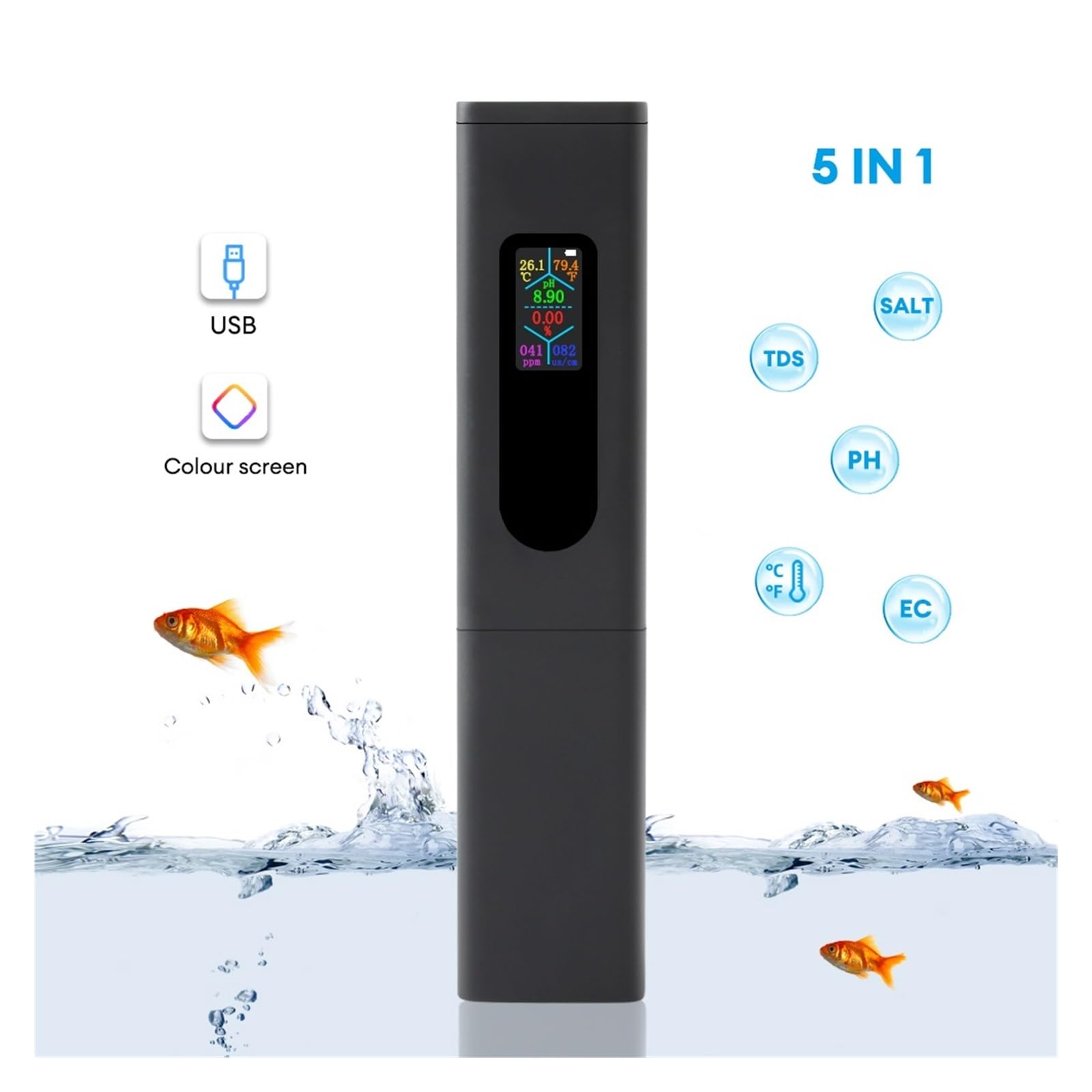 Tester Digitale Dela Qualità Del'acqua Potabile 5 In 1 Salinità/CE/temperatura/TDS/PH For La Carica Di Tipo C Coltura Idroponica Del'acquario Misurazione Accurata