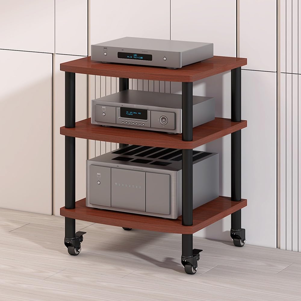 CWCQGH 4 Tier Media Stand Amplifier Rack & CD Player Shelf Movable Audio Tower with Wheels Stereo Component Cabinet for Home Theater,Teak Wood-3 Tier