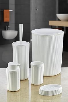 Deconox 5 Piece Luxury Plastic Bathroom Set 7 Liter Touch Trash Can, Antibacterial Brush (Black-Grey) (WHITE)