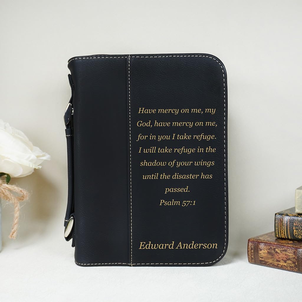 Personalized Vegan Leather Zippered Bible Cover – Custom Engraved Scripture Journal Case with Handle, Pen Holder & Pocket – Fits Large & Medium Bibles