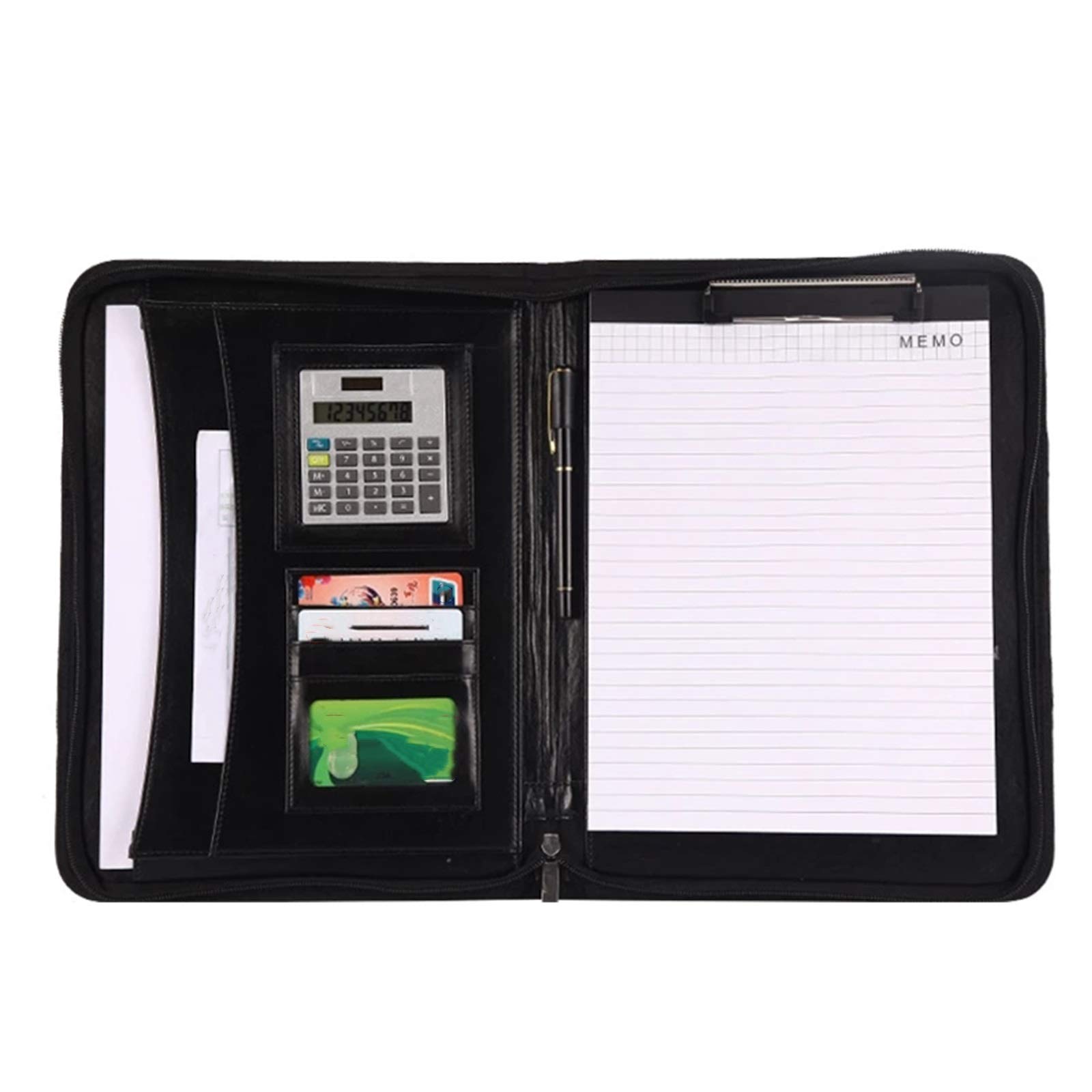 Teczka A4 z notesem, Teczka na dokumenty A4 ze skóry PU, zapinana na zamek, na konferencję biznesową, czarno-brązowa, 34 x 25 cm(Black)