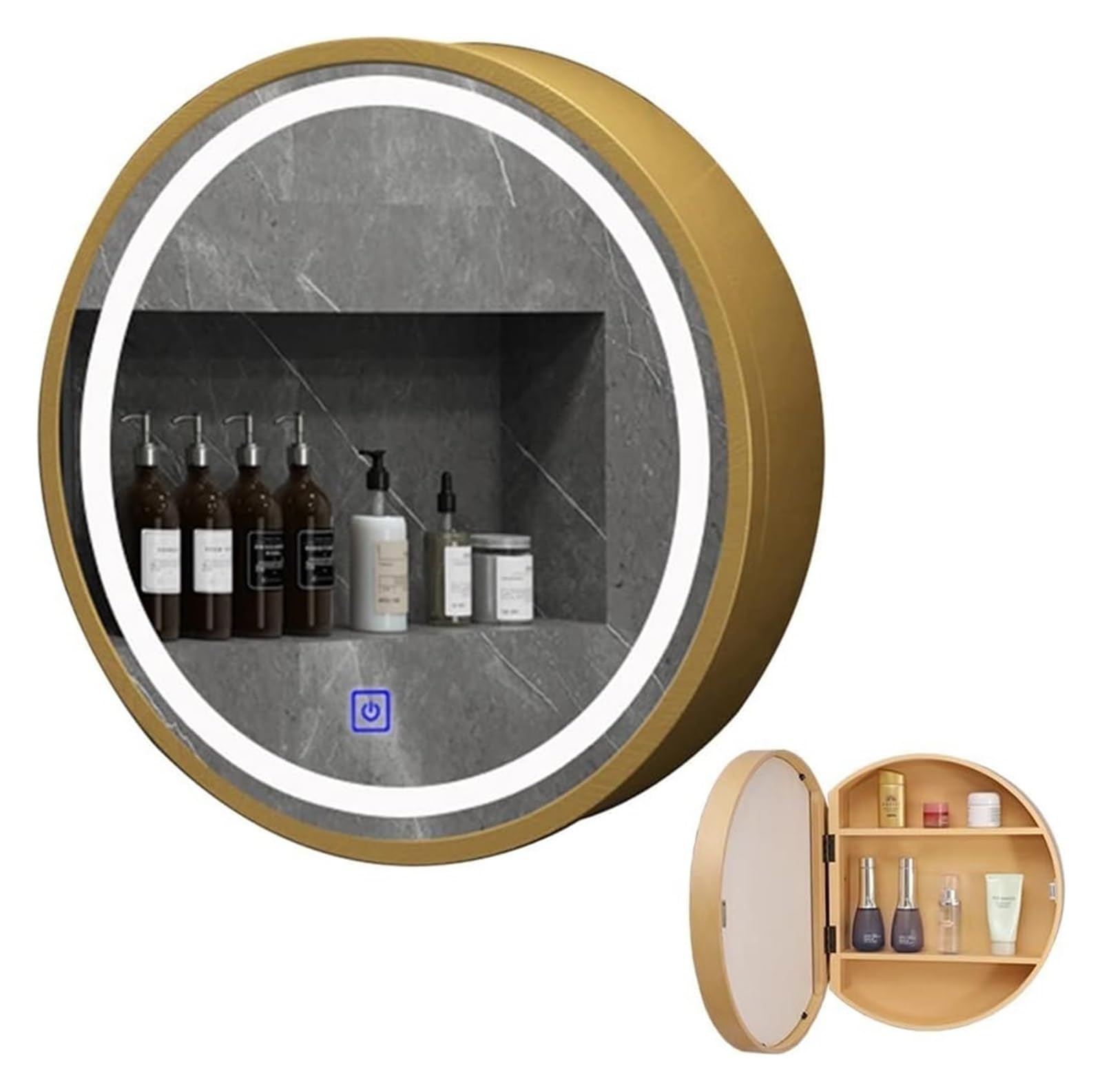 BKSXSOP LED Bathroom Mirror Cabinet, Wall-Mounted Oval Makeup with Demister Pad, Dimmable Vanity for Bathrooms, 60cm (23.6in), Brown Finish