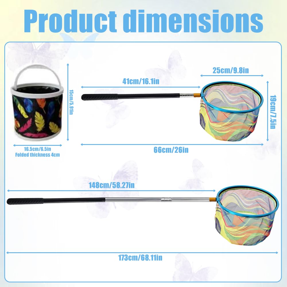 Teleskop Kescher Kinder, Schmetterlingsnetz mit Teleskopstange 66-173 cm Klein Fangnetz Outdoor, Angel Kescher für Kinder Mit Faltbarer Eimer für Insekten Fische Angeln Outdoor Strand Teich