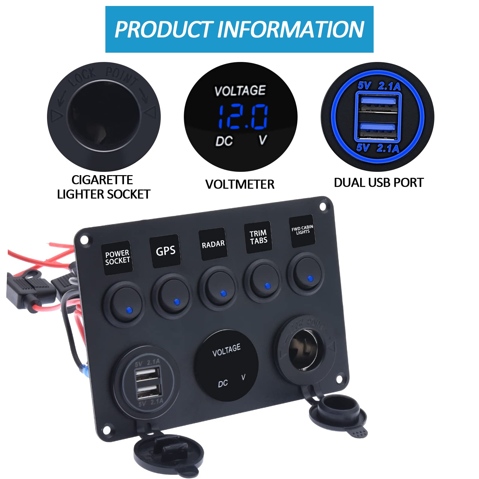 KAOLALI Switch Panel 12V / 24V Rocker Switch 5 Speed IP65 Waterproof 4.2A Dual USB Charger Cigarette Lighter Bus LED Rocker Switch for Boat, RV, Car, Vehicles KAOLALI Switch Panel 12V / 24V Rocker Switch 5 Speed IP65 Waterproof 4.2A Dual USB Charger Cigarette Lighter Bus LED Rocker Switch for Boat, RV, Car, Vehicles