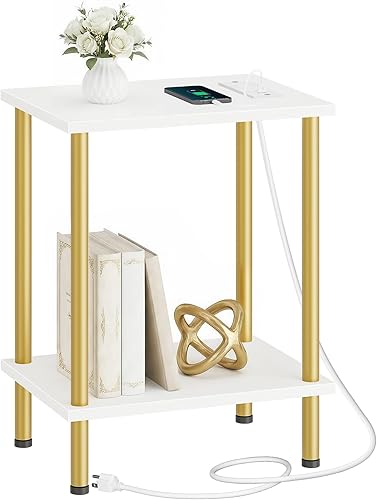 Miniatura 21 de HOOBRO Mesa auxiliar con estación de carga, mesa auxiliar con puerto USB y tomacorriente, mesita de noche con estantes de almacenamiento de 2 capas