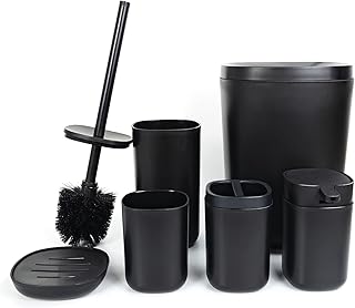 Bathroom Accessories Bath Set of 6 Complete, Toothbrush Holder, Soap Dispenser, Garbage Trash Can, Soap Dish, Toothbrush Cup and Toilet Brush Holder, Black