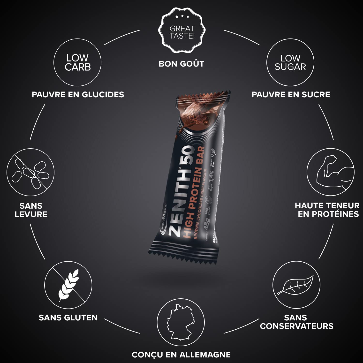 IronMaxx – Barre Protéinée Zenith 50 – Brownie Chocolat Crisp 16 x 45 g – Barre protéinée sans sucre, protein bar riche en protéines