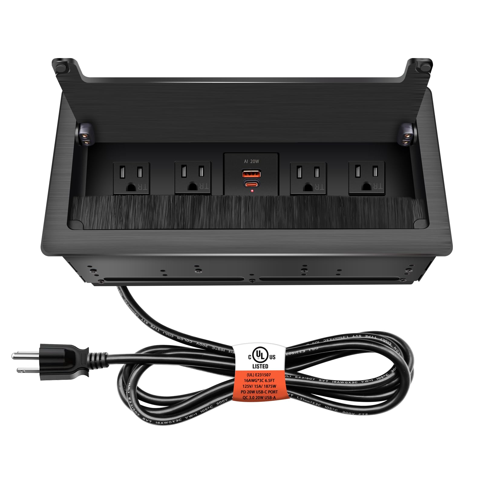 Embedded mesa Power Outlet Box;Conference Table Power Hub; 4 AC TR Outlets, USB-A USB-C PD 20W Fast Charging 6.5FT 16 AWG UL Cable for Office Home -