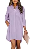 Women's Casual Loose Fit Long Sleeve Solid Striped Button Down Shirts Dresses