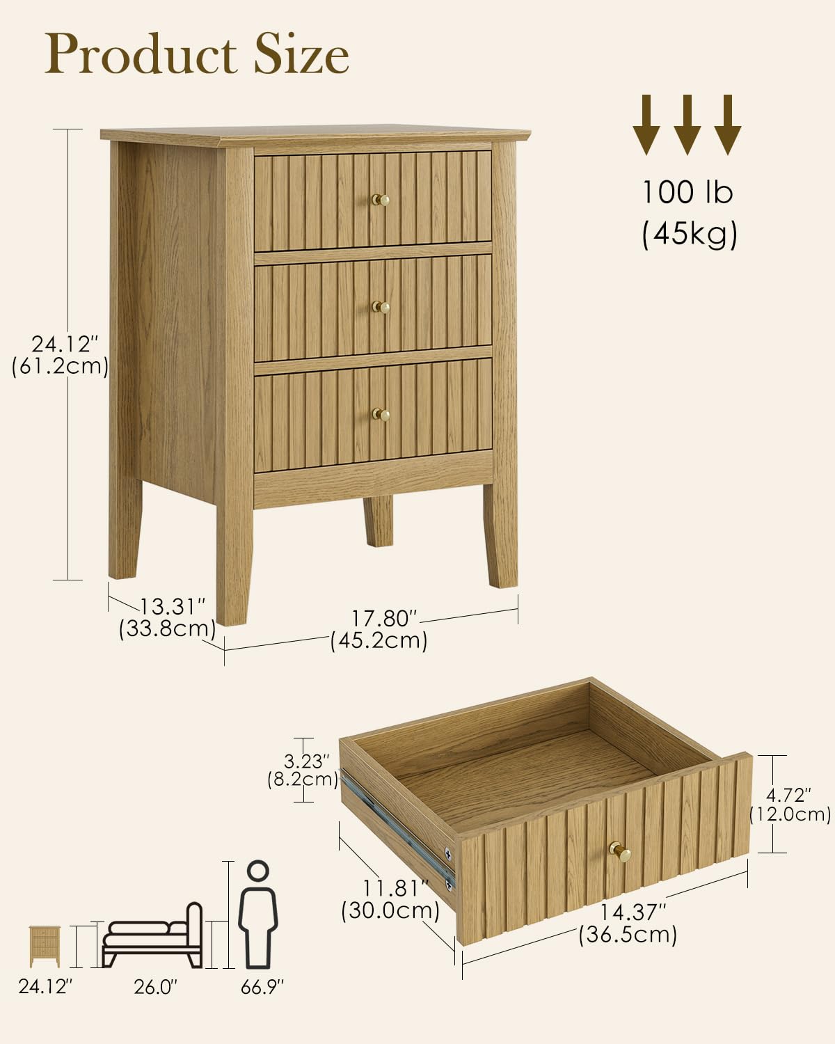 HEYZOEY Table de Nuit Vintage avec 3 Tiroirs, Table de Chevet Style Ferme Rustique avec Poignées Dorées, Table d'Appoint pour Chambre et Salon, Chêne Clair (45 × 35 × 61 cm)