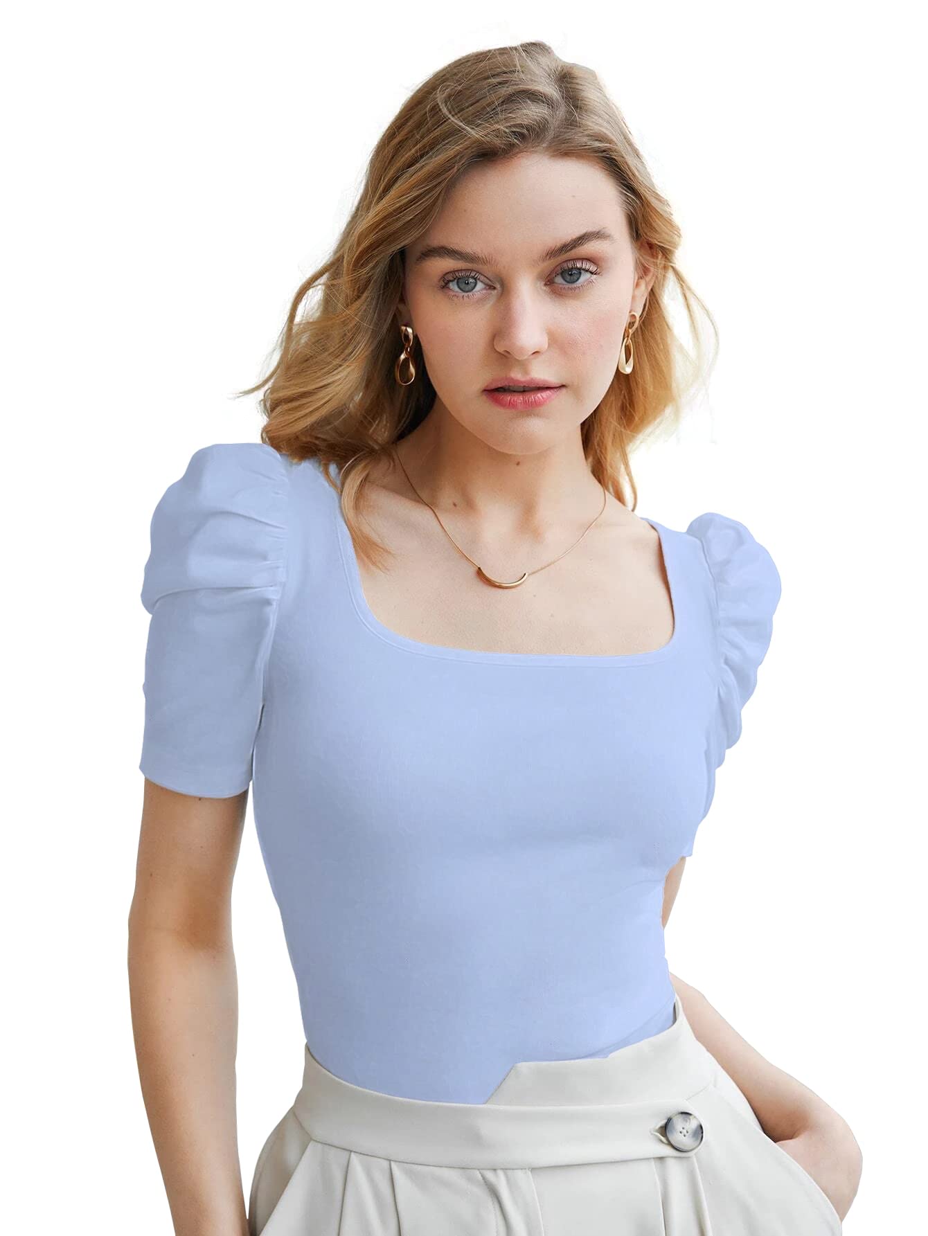 shasmi Women's & Girl's Polyester Regular Fit Square Neck Short Puff Sleeve Ruched Bust Solid Tops (Shree Top 27)-picture-14