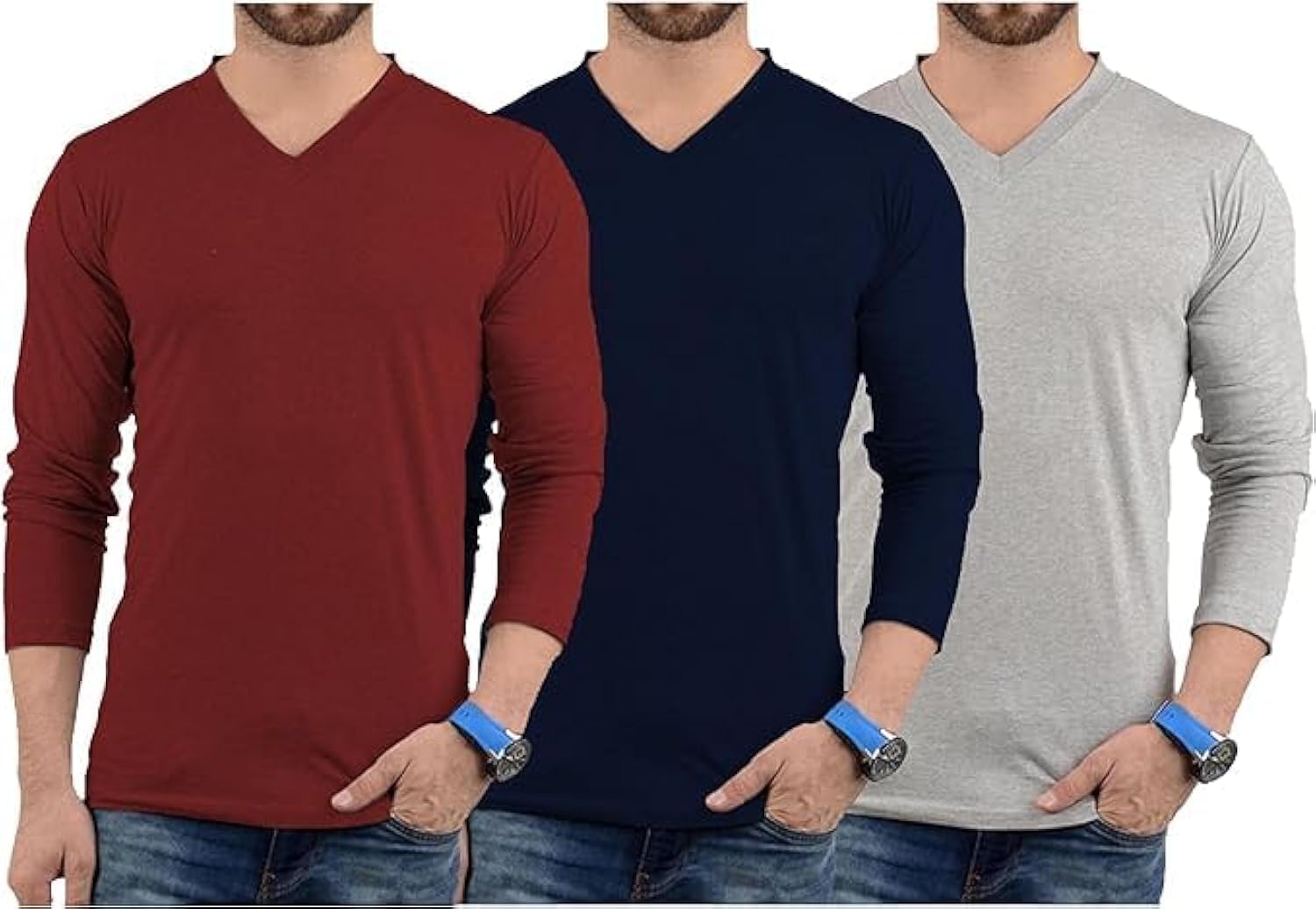 URBAN CREST Pack of 3 Plain Long Sleeve Shirt Men - Soft Comfortable V Neck Full Sleeves Fashion Tees for Men