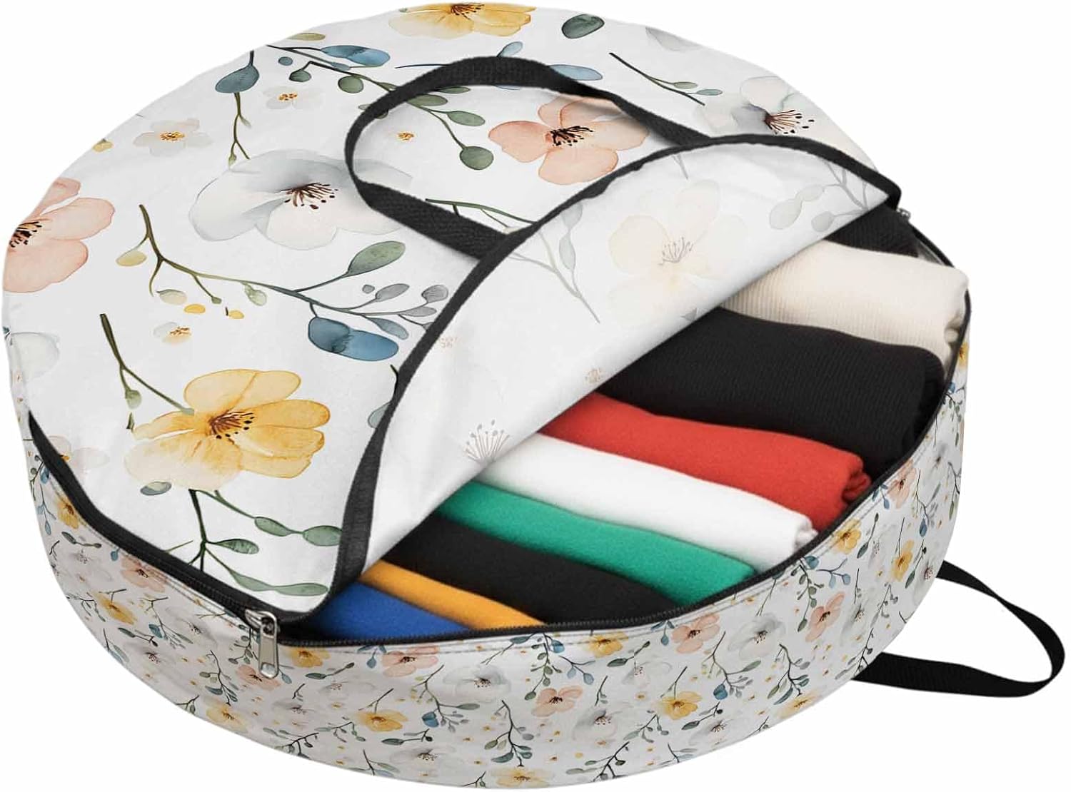Blue Pink Flowers Round Storage Bag 36 Inch, Spring Watercolor Leave Floral Clothes Storage Container with Handles Heavy Duty Organizer for Comforter, Bedding & Holiday Wreaths