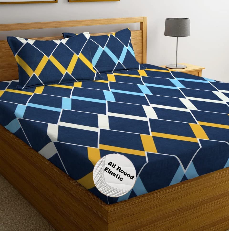 DECOMIZER 300 TC Cotton Feel Glace Cotton Elastic Fitted Printed Queen Size Double Bed Bedsheet with 2 Pillow Cover Fits Upto 8 inches Mattress,Size- 60x78x10 Inches,Navy Boxes-picture-39