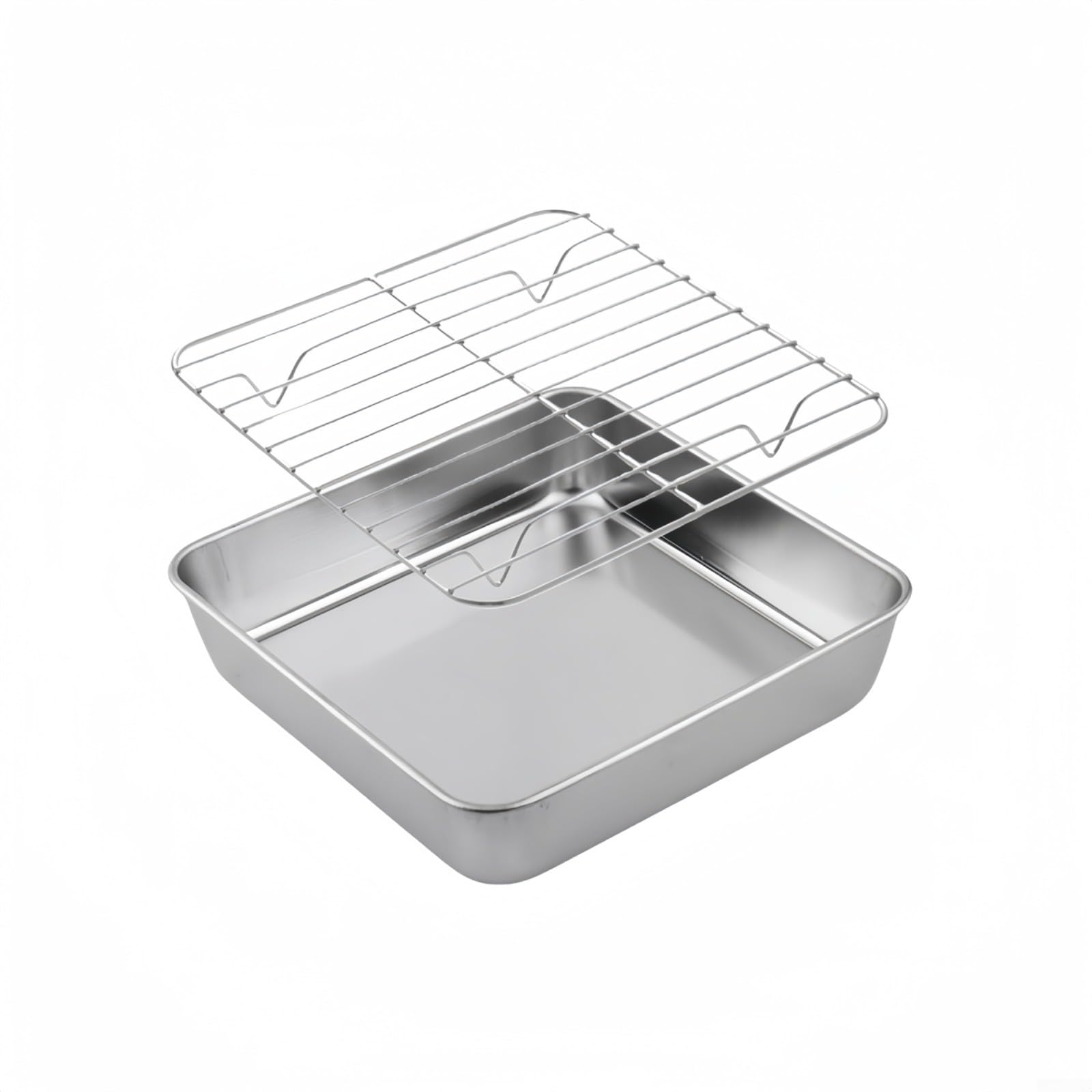 Puupaa Baking Tray with Cooling Rack, Stainless-Steel Oven Sheet Sets, Square Roasting Tray for Turkey BBQ Cake, Deep Bakeware Set for Oven Cooking, Dishwasher Safe(20CM)