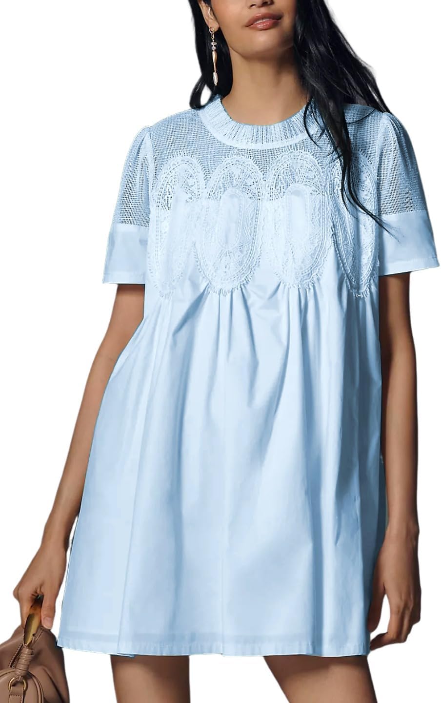 VAOYIU Women Crochet Lace Mini Dress Round Neck Short Sleeve Sheer Mesh Clothing Casual Outfits with Lace Back Design