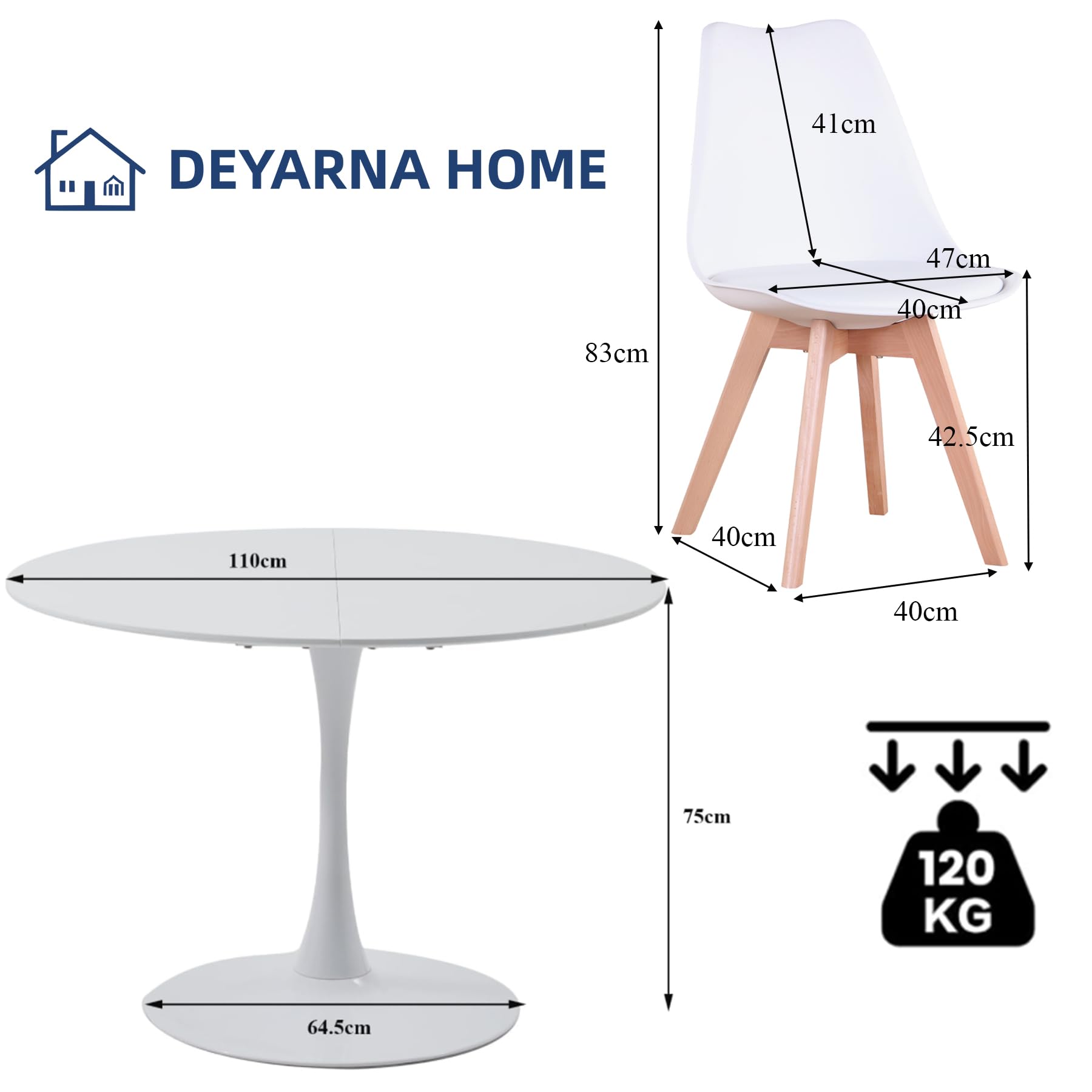 Mesa de Comedor Redonda y 6 Sillas Comedor Apto para Comedor, Cocina, Salón, Oficina, Café, 6 Sillas Blancas et Table à Manger Blanche (Diámetro: 110cm, Altura : 75cm)