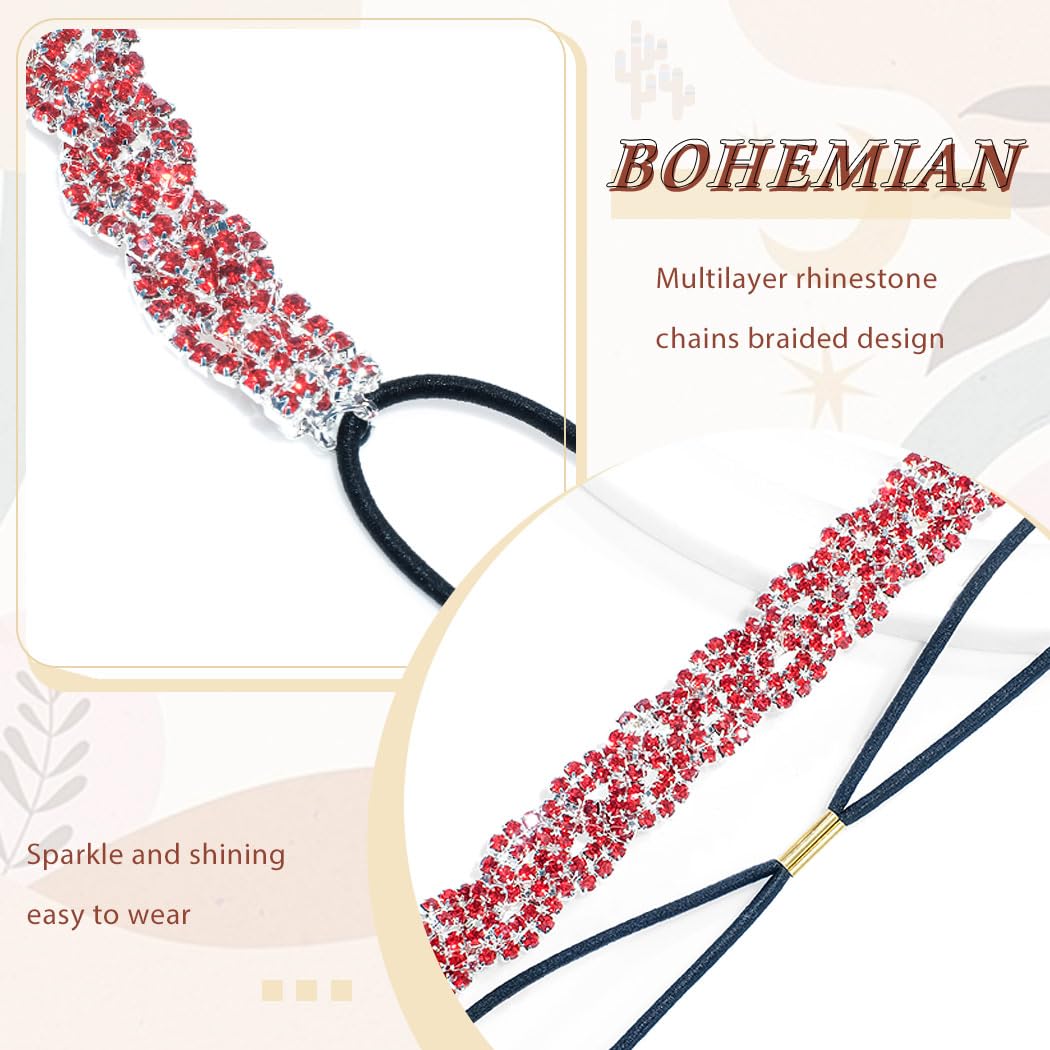 Women's Rhinestone Headbands Sparkly Elestic Hairband Vintage Metal Headbands Sparkly Elegant Party Daily Head Chain (Red, M) - Image 3