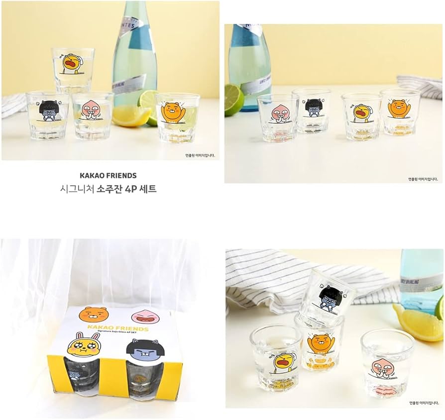 Koreaanse Soju Glas Set Van 4 - Met Kakao Ryan, Apeach, Neo & Muzi Design, 60ml Per Glas
