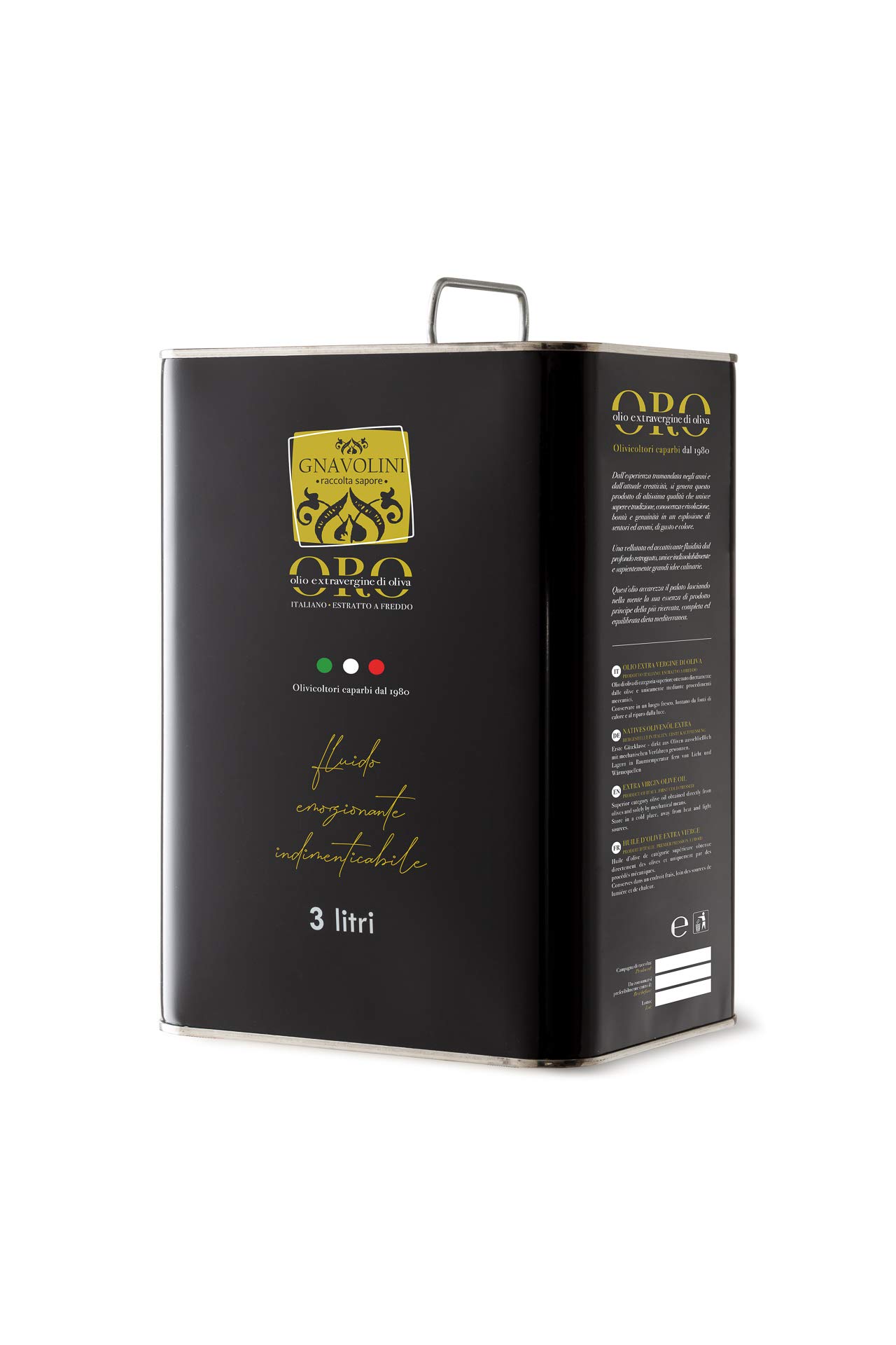 Aceite de oliva virgen extra italiano 100 % extraído en frío, lata de 3 litros, aceite Evo para excelencia en la cocina